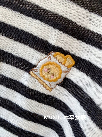 Embroidered biscuit color matching collar striped bamboo cotton autumn new Korean women's youth fashion loose T-shirt