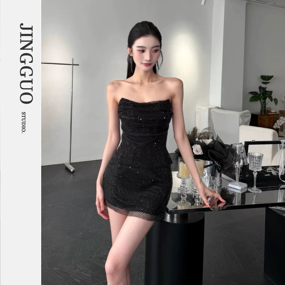 【JINGGUO Luxury】Niche Design Rhinestone-Studded Slim Fit Strapless Top and Skirt Set (7614 pieces)
