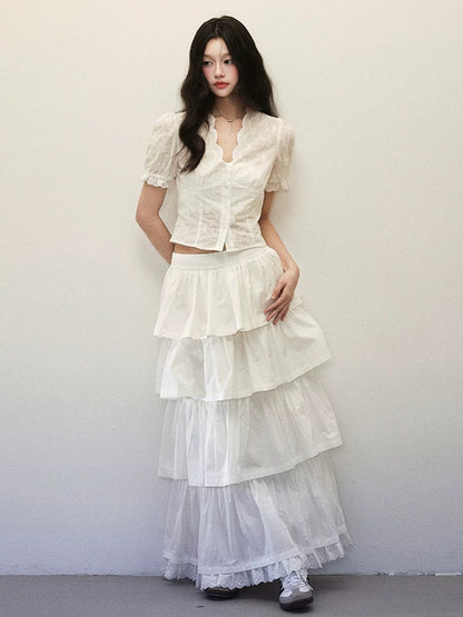 1P STUDIO White pure cotton hem waist short shirt multi-layer cake skirt half-length skirt two-piece suit