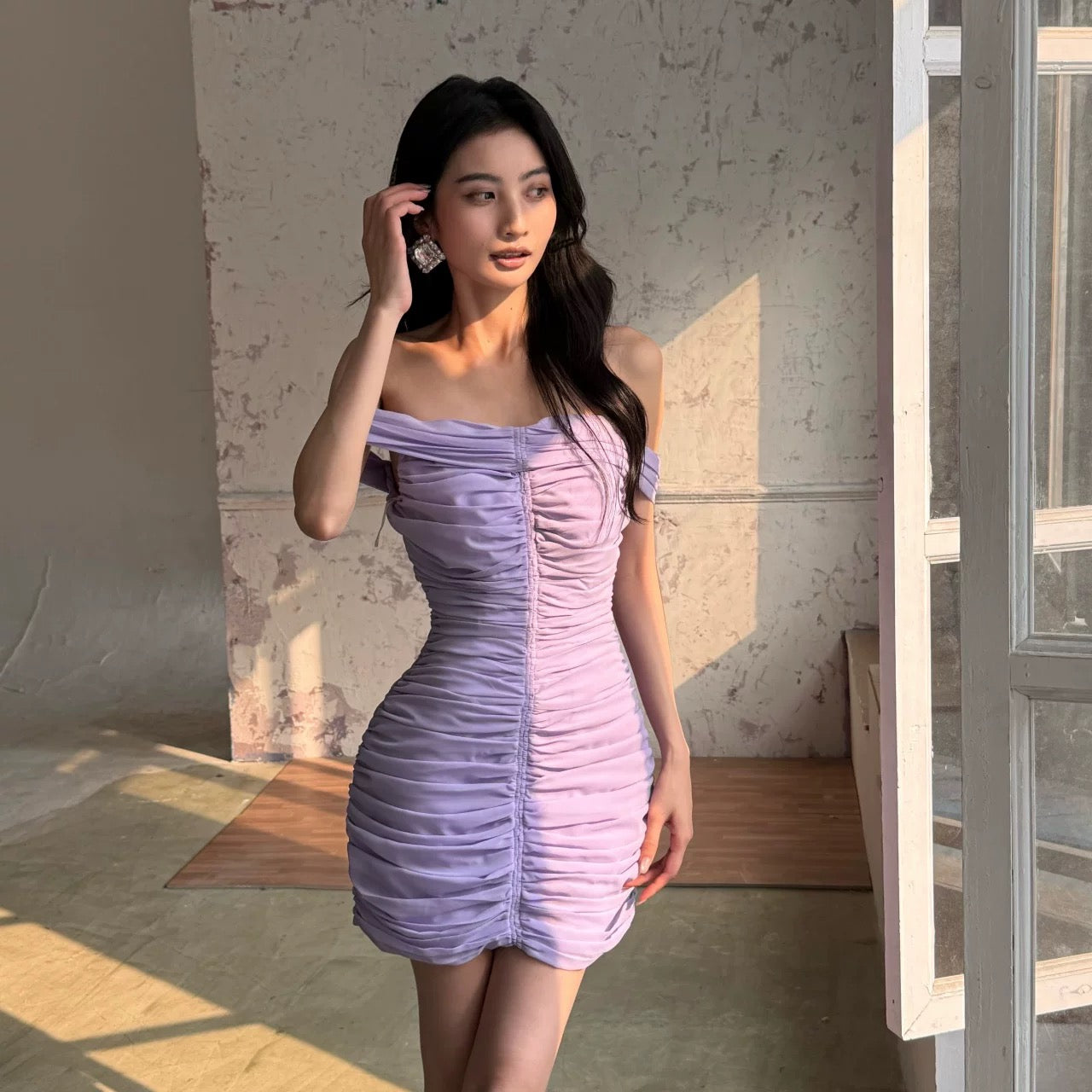 【JINGGUO Luxury】Niche Design Elegant Off-Shoulder Mesh Dress with Sexy Bodycon Skirt 7094