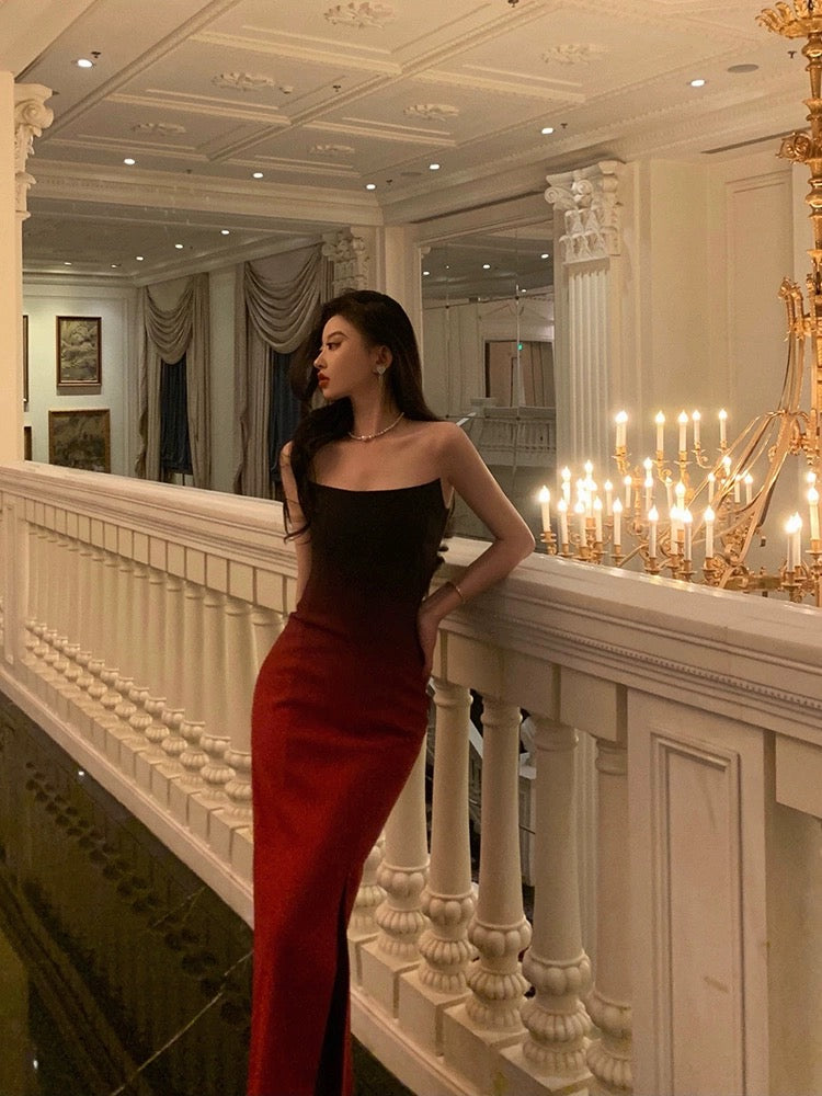 Godfrey's over-the-top gradient tube top dress for women 2024 new niche design temperament slit dress long skirt