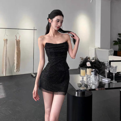 【JINGGUO Luxury】Niche Design Rhinestone-Studded Slim Fit Strapless Top and Skirt Set (7614 pieces)
