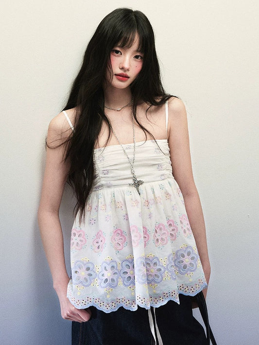 1P STUDIO hollow flower embroidered camisole for women summer outer wear pleated lace inner sleeveless top cotton