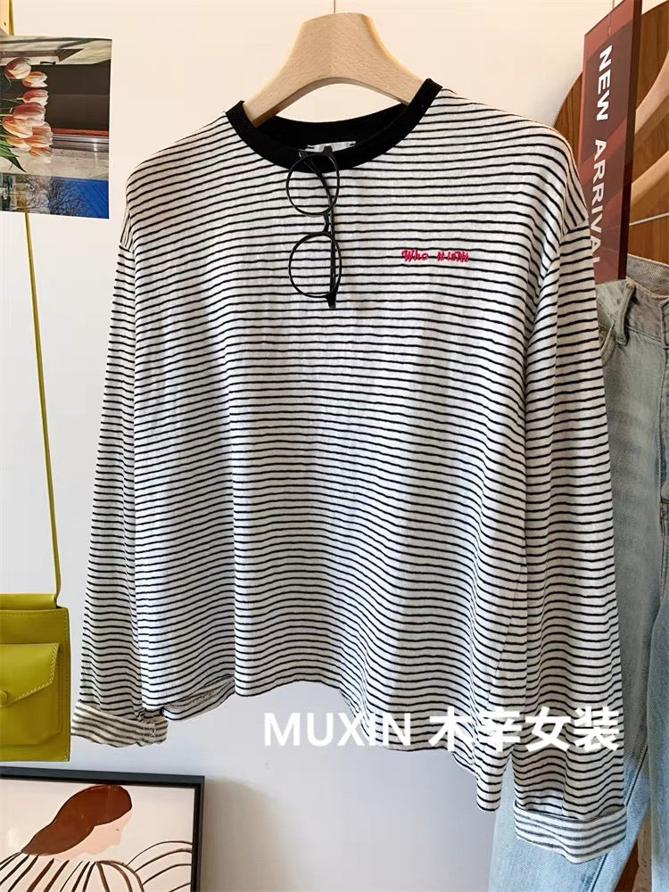 Soft and comfortable pinstripe embroidered small letters pure cotton autumn retro fashion long-sleeved short T-shirt