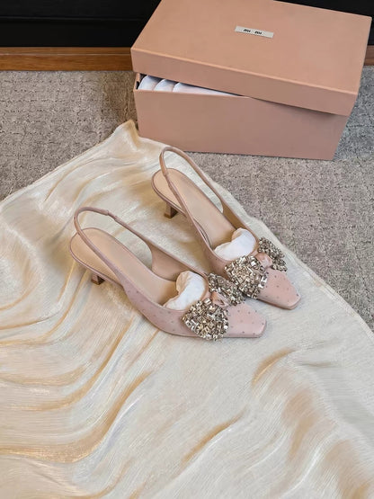 Jianghou 2026 New French-Style Elegant Shoes: Pink Polka-Dot High Heels with Rhinestone Bows – Perfect for Young Women to Pair with Skirts