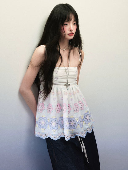 1P STUDIO hollow flower embroidered camisole for women summer outer wear pleated lace inner sleeveless top cotton