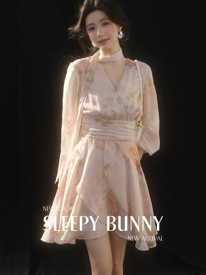 SLEEPYBUNNY French-style irregular ruffle V-neck printed ribbon long-sleeved dress for women, summer elegant short skirt