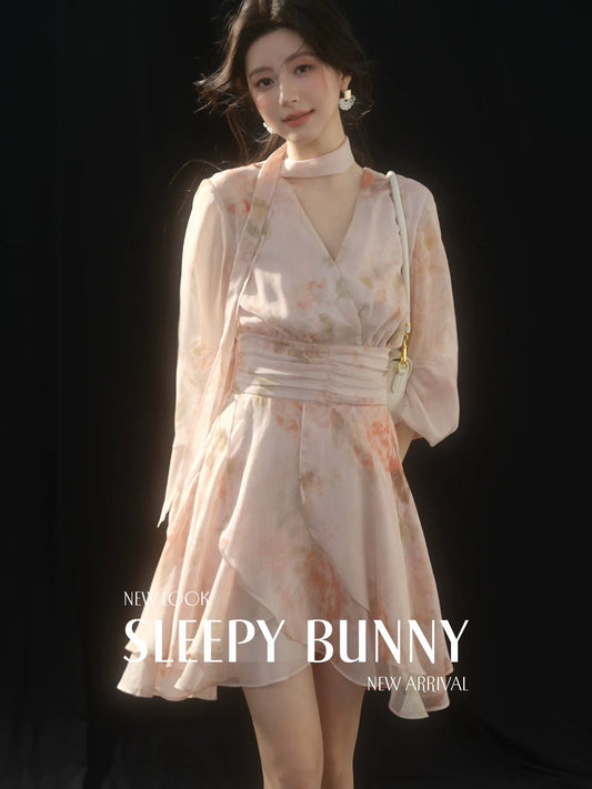 SLEEPYBUNNY French-style irregular ruffle V-neck printed ribbon long-sleeved dress for women, summer elegant short skirt