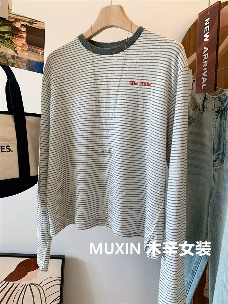 Soft and comfortable pinstripe embroidered small letters pure cotton autumn retro fashion long-sleeved short T-shirt