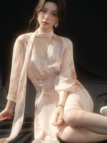 SLEEPYBUNNY French-style irregular ruffle V-neck printed ribbon long-sleeved dress for women, summer elegant short skirt