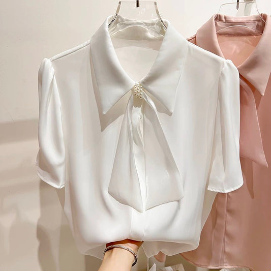 2023 new Korean temperament slim solid color pearl ruffles V-neck pullover short-sleeved chiffon shirt female summer