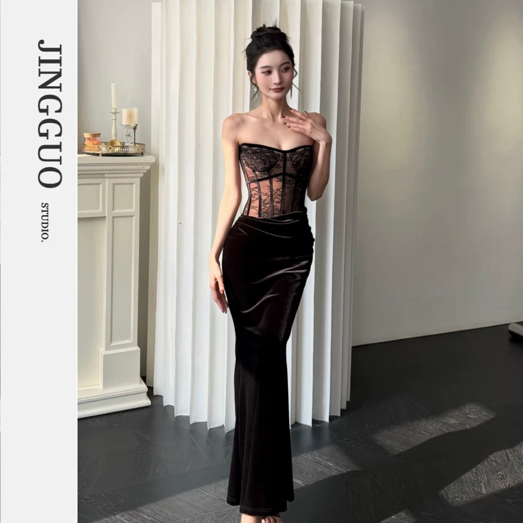 【JINGGUO Luxury】Niche Design French Slim Fit Lace-Trimmed Velvet Fishtail Maxi Dress 7622