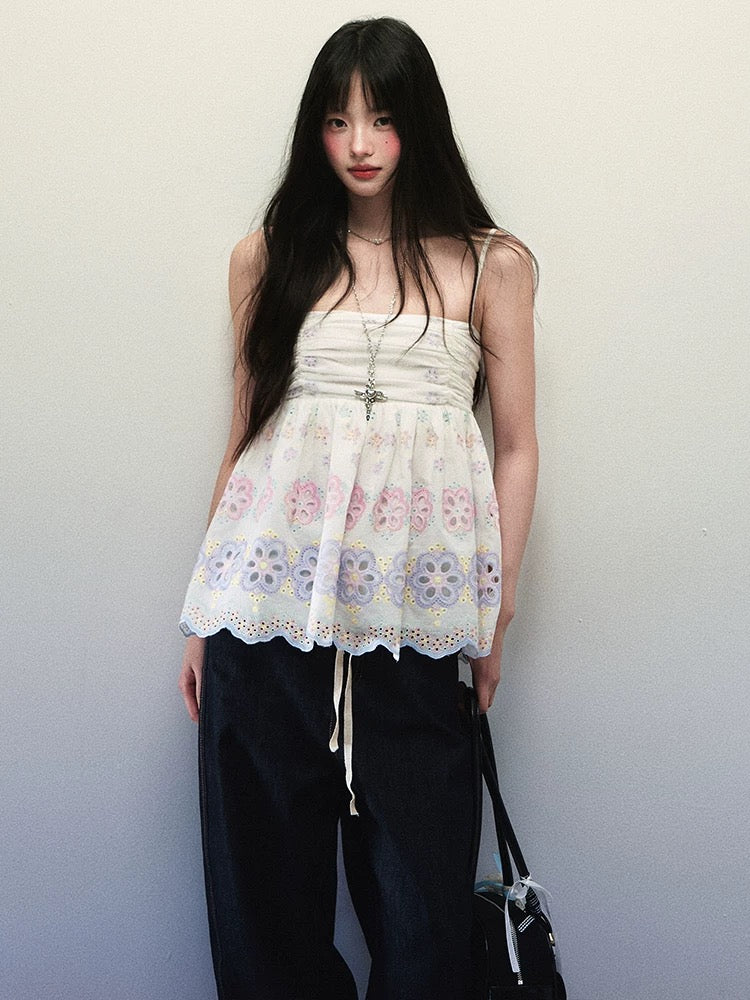 1P STUDIO hollow flower embroidered camisole for women summer outer wear pleated lace inner sleeveless top cotton