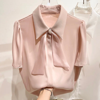 2023 new Korean temperament slim solid color pearl ruffles V-neck pullover short-sleeved chiffon shirt female summer