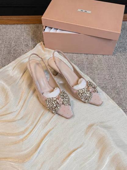 Jianghou 2026 New French-Style Elegant Shoes: Pink Polka-Dot High Heels with Rhinestone Bows – Perfect for Young Women to Pair with Skirts