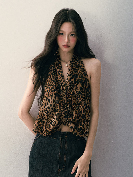 1P STUDIO Hot leopard print V-neck halter top for women in summer with irregular knot design and open vest