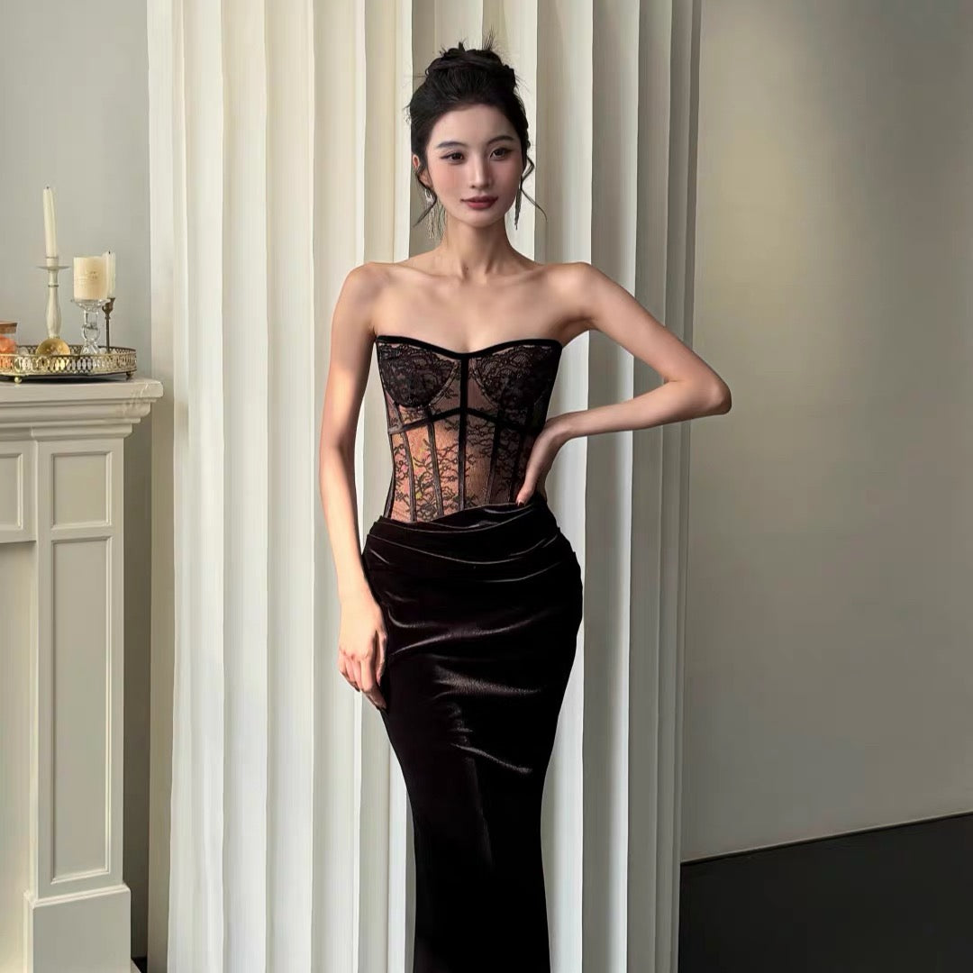 【JINGGUO Luxury】Niche Design French Slim Fit Lace-Trimmed Velvet Fishtail Maxi Dress 7622