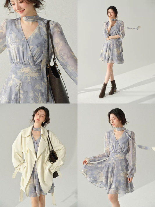 SLEEPYBUNNY Printed V-neck Chiffon Dress for Women, Spring Style, French Ribbon, Waist-cinching, Long Sleeve, Blue Short Skirt
