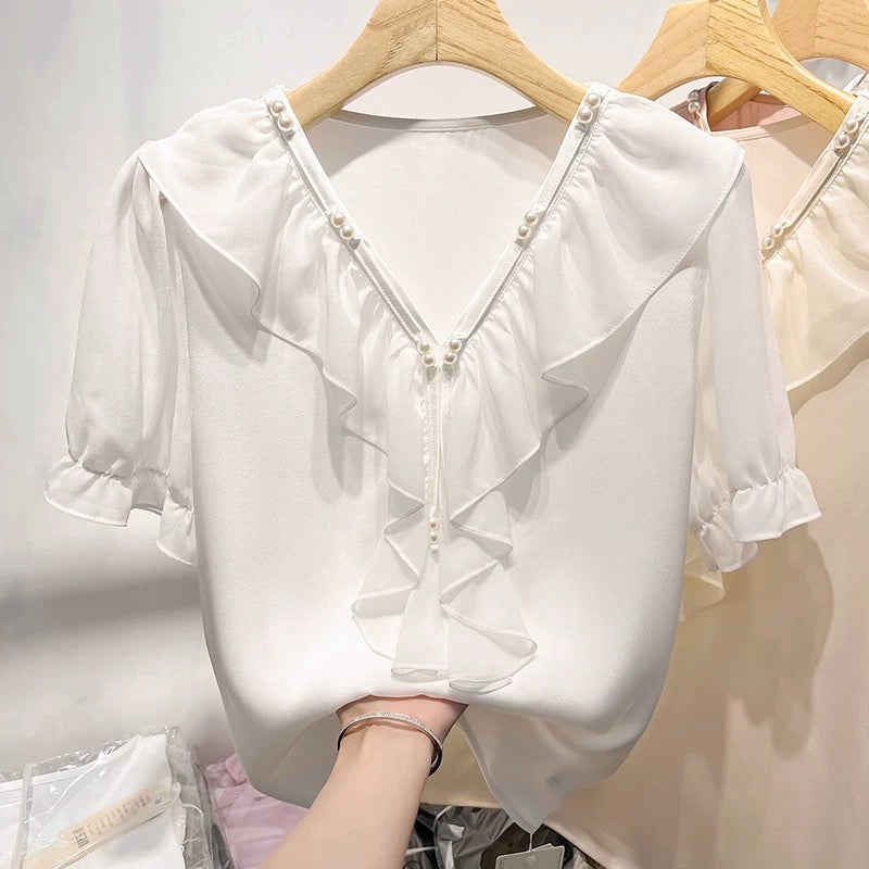 2023 new Korean temperament slim solid color pearl ruffles V-neck pullover short-sleeved chiffon shirt female summer