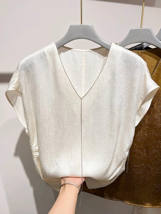 2024 new style temperament slim V-neck beaded embossed solid color pullover chiffon shirt female summer thin top