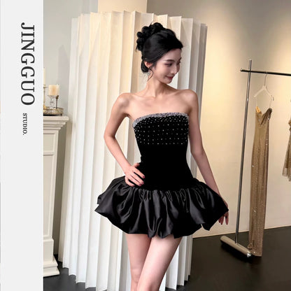 【JINGGUO Luxury】Niche French Beaded Strapless Floral Tutu Dress, Little Black Dress for Birthday Parties 7627