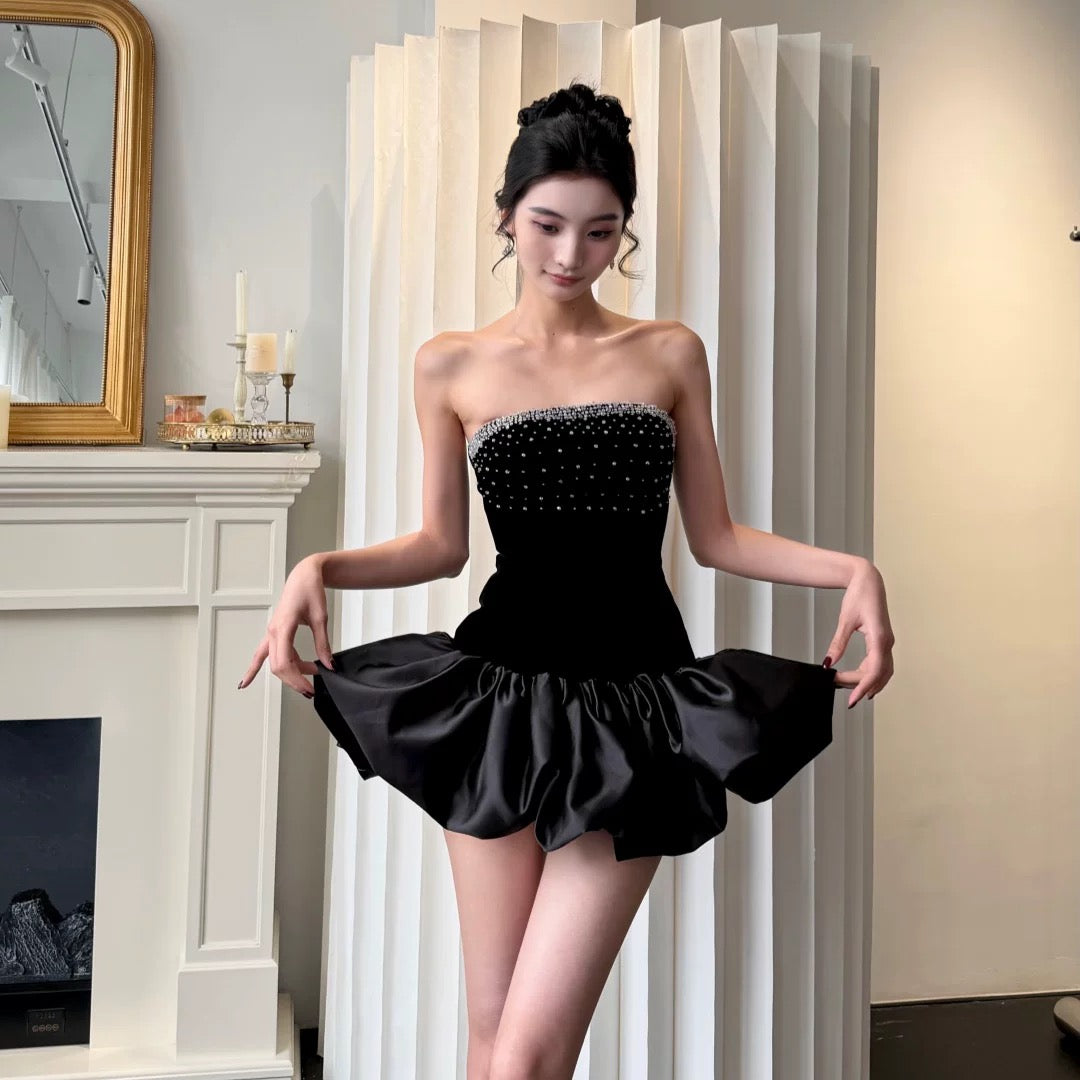 【JINGGUO Luxury】Niche French Beaded Strapless Floral Tutu Dress, Little Black Dress for Birthday Parties 7627