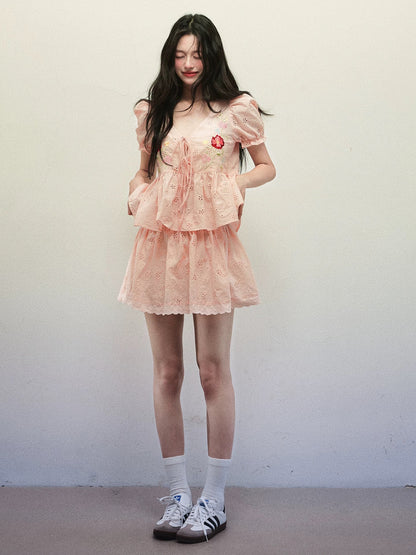 1P STUDIO "Summer Love Song" pure cotton embroidered lace-up V-neck shirt lace skirt pants two-piece suit skirt