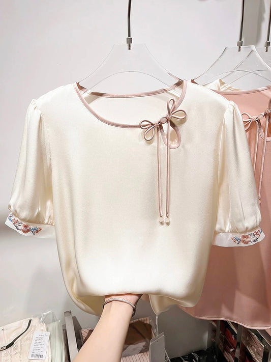 2024 new style temperament slim round neck hollow button sleeve embroidery short sleeve national style chiffon shirt female summer thin
