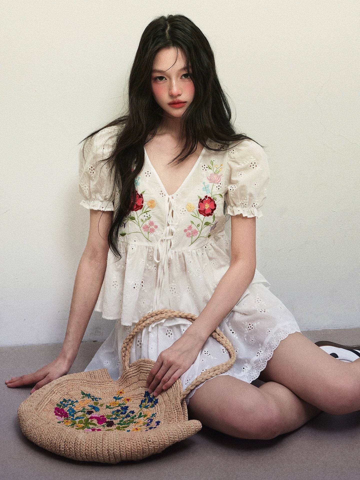 1P STUDIO "Summer Love Song" pure cotton embroidered lace-up V-neck shirt lace skirt pants two-piece suit skirt