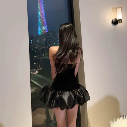 【JINGGUO Luxury】Niche French Beaded Strapless Floral Tutu Dress, Little Black Dress for Birthday Parties 7627