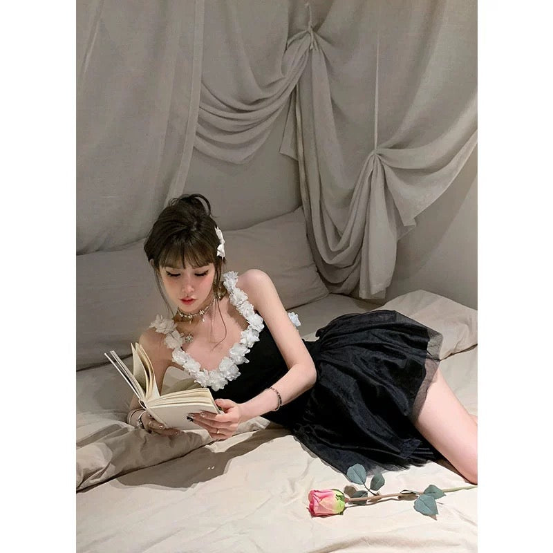 "Moon-loving Swan" ballet style backless slim dress women's summer design three-dimensional flower suspender tutu skirt