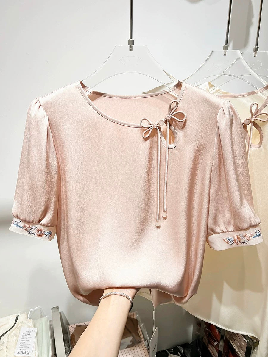 2024 new style temperament slim round neck hollow button sleeve embroidery short sleeve national style chiffon shirt female summer thin