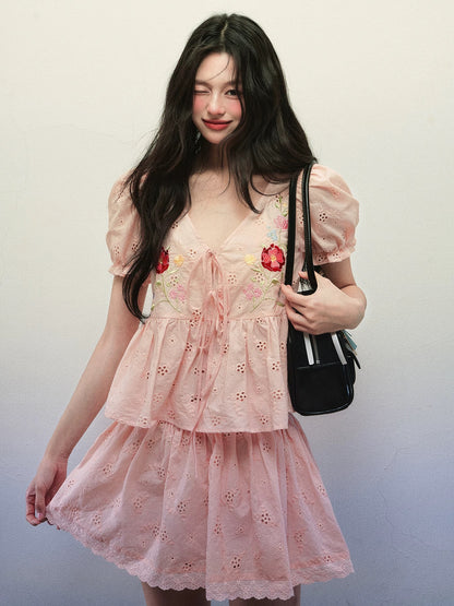 1P STUDIO "Summer Love Song" pure cotton embroidered lace-up V-neck shirt lace skirt pants two-piece suit skirt