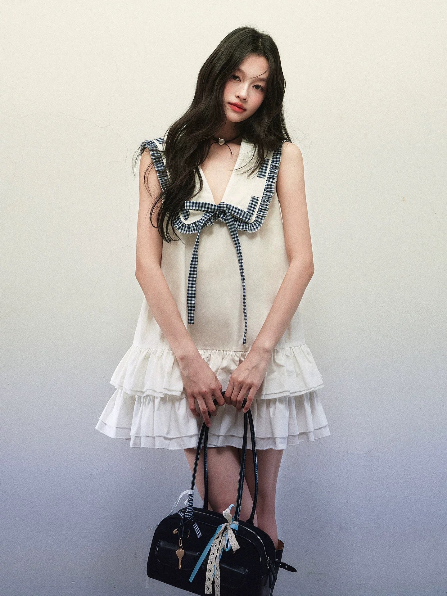 1P STUDIO White navy collar tie sleeveless dress female summer double layer ruffle loose A-line short skirt