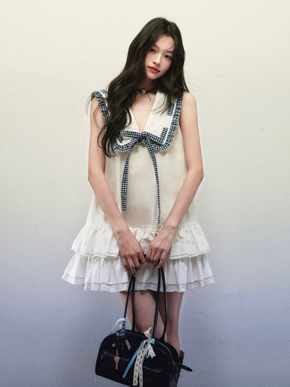 1P STUDIO White navy collar tie sleeveless dress female summer double layer ruffle loose A-line short skirt