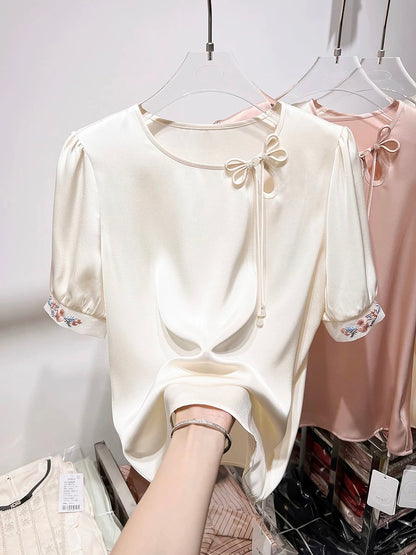 2024 new style temperament slim round neck hollow button sleeve embroidery short sleeve national style chiffon shirt female summer thin