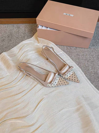 Jianghou Women's Soft-Leather Stiletto Heels – Polka-Dot Design, Pointed-Toe Mesh Sandals with a Chic, Alluring Style.