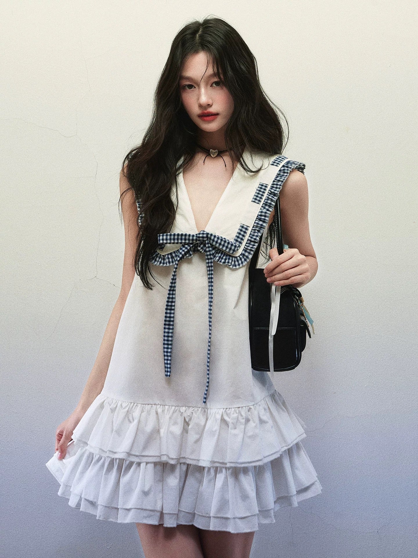 1P STUDIO White navy collar tie sleeveless dress female summer double layer ruffle loose A-line short skirt