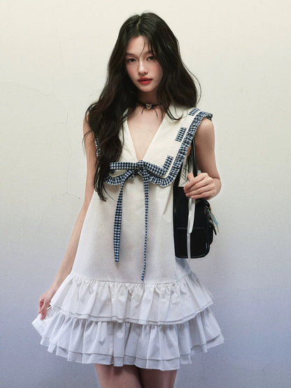 1P STUDIO White navy collar tie sleeveless dress female summer double layer ruffle loose A-line short skirt