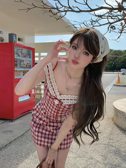 Acaine Zhizhiberry/mid-length v-neck waist plaid suspender dress women's summer French style skirt