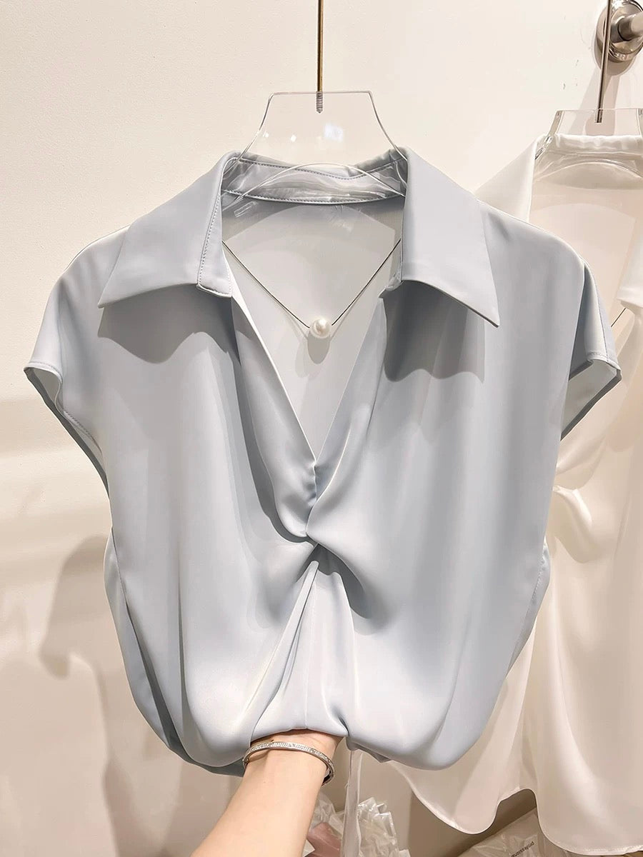 2024 new style temperament slim solid color lapel pleated pearl chain pullover short-sleeved chiffon shirt female summer