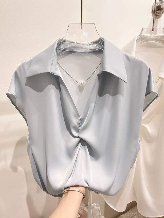 2024 new style temperament slim solid color lapel pleated pearl chain pullover short-sleeved chiffon shirt female summer
