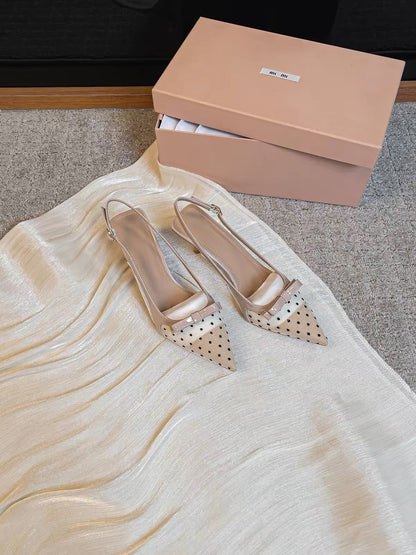 Jianghou Women's Soft-Leather Stiletto Heels – Polka-Dot Design, Pointed-Toe Mesh Sandals with a Chic, Alluring Style.