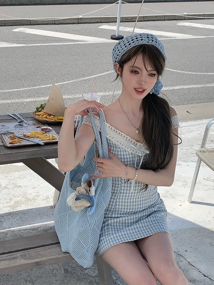 Acaine Zhizhiberry/mid-length v-neck waist plaid suspender dress women's summer French style skirt
