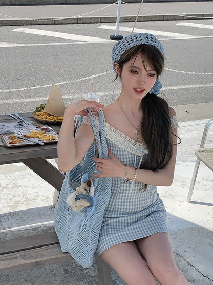 Acaine Zhizhiberry/mid-length v-neck waist plaid suspender dress women's summer French style skirt