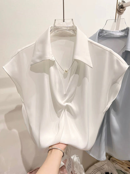 2024 new style temperament slim solid color lapel pleated pearl chain pullover short-sleeved chiffon shirt female summer