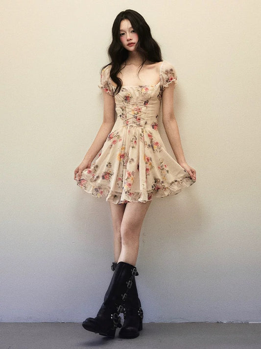 1P STUDIO "Romantic Mountain Flowers" watercolor print large square collar dress female spring tie drawstring lace short skirt