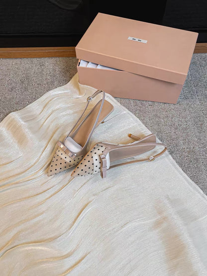 Jianghou Women's Soft-Leather Stiletto Heels – Polka-Dot Design, Pointed-Toe Mesh Sandals with a Chic, Alluring Style.