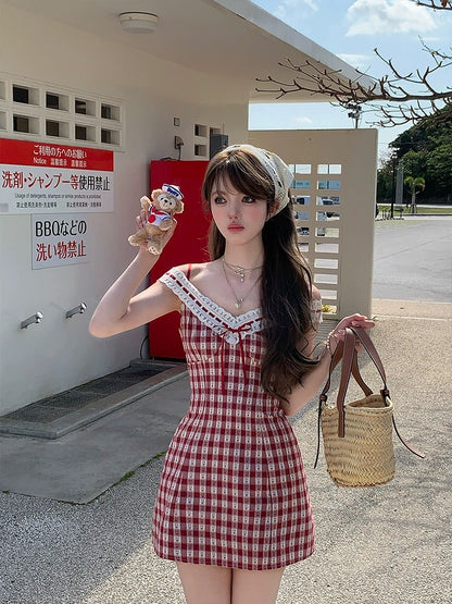 Acaine Zhizhiberry/mid-length v-neck waist plaid suspender dress women's summer French style skirt