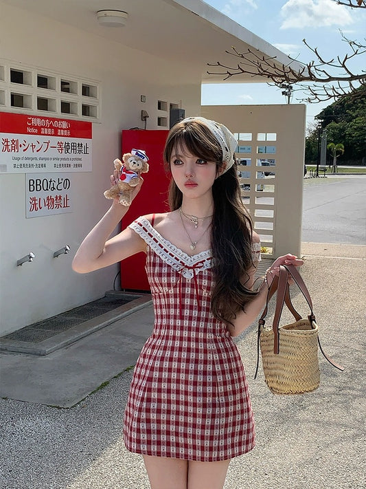 Acaine Zhizhiberry/mid-length v-neck waist plaid suspender dress women's summer French style skirt
